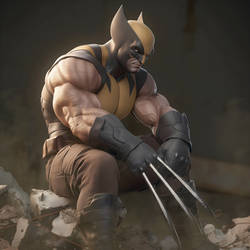 WOLVERINE sitting in rubble...