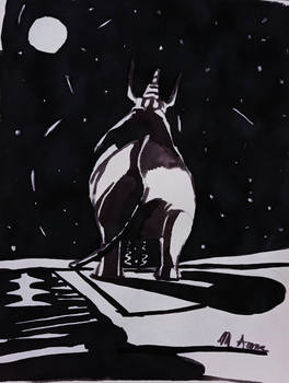 Observing the moon, ink illustration