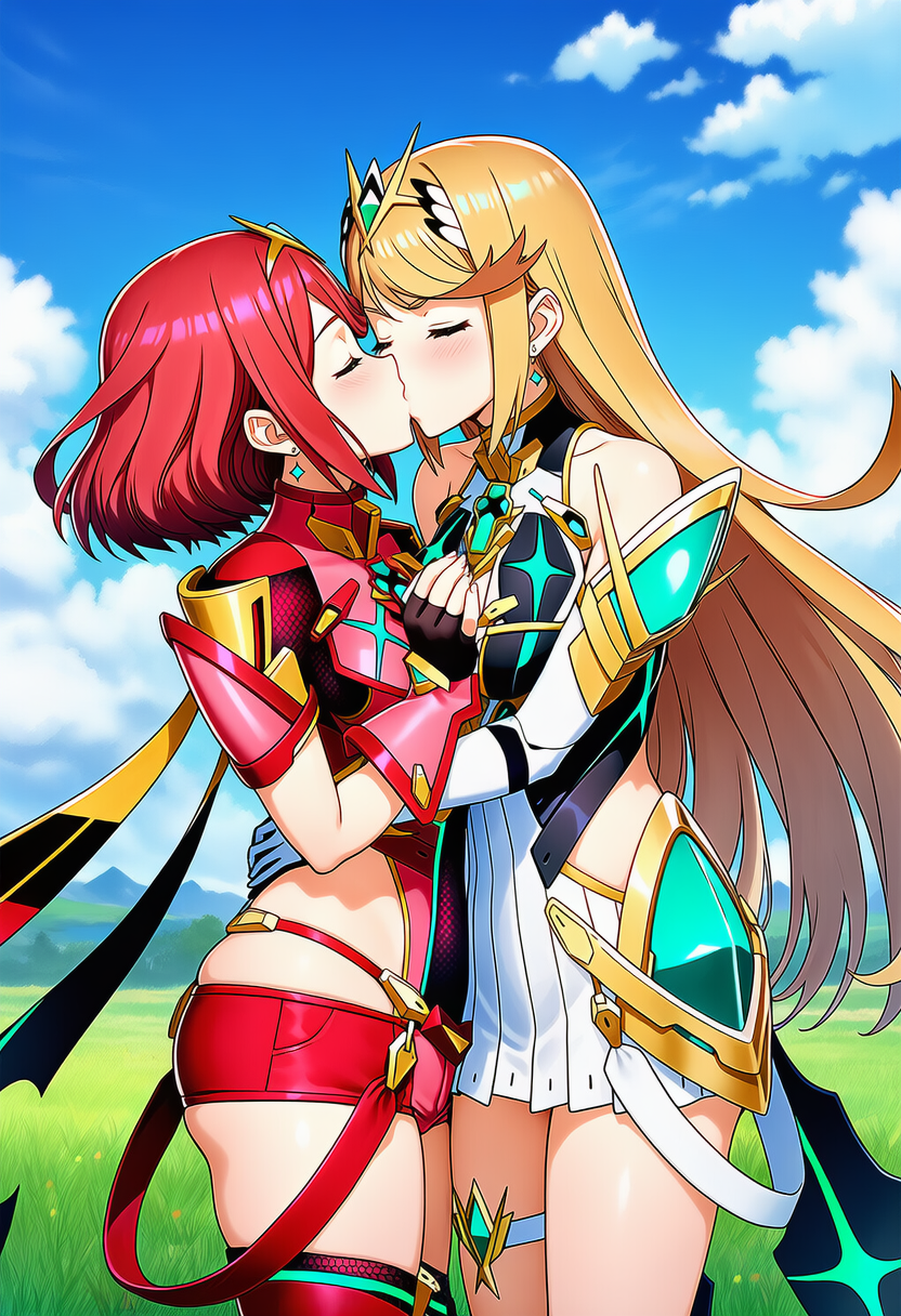 Pyra Fa Pyra and Mythra kiss 4 by GirlsAreAwesome on DeviantArt