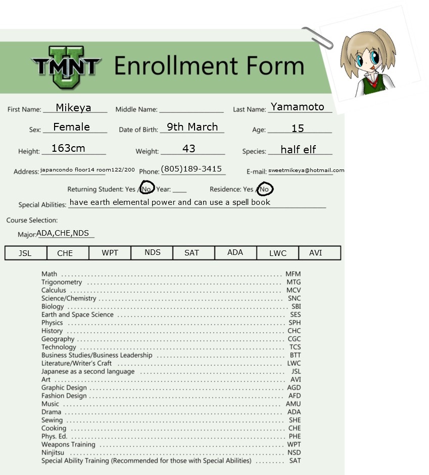 TMNT-U: Mikeya's enrollment sheet 2015