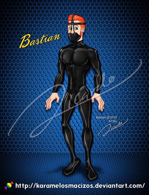 Bastian in latex catsuit and mask