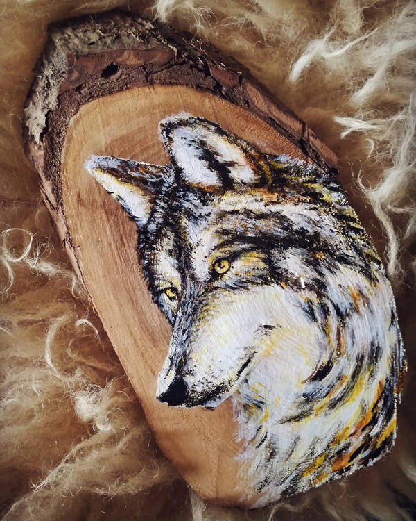 Wolf - Wood Slice Acrylic Painting