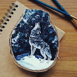 Howling Wolf - Wood Slice Acrylic Painting by devilguineapig
