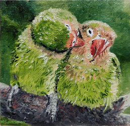 Original oil painting with parrots in love