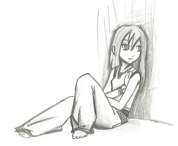 Anime girl leaning against a wall