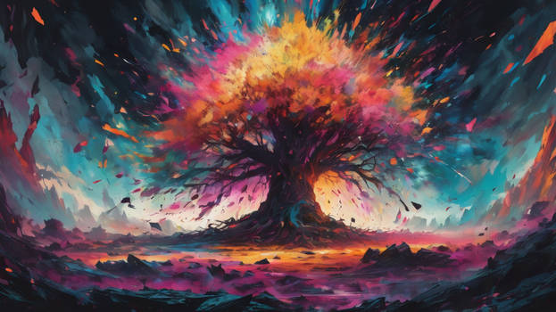 massive tree exploding into vibrant