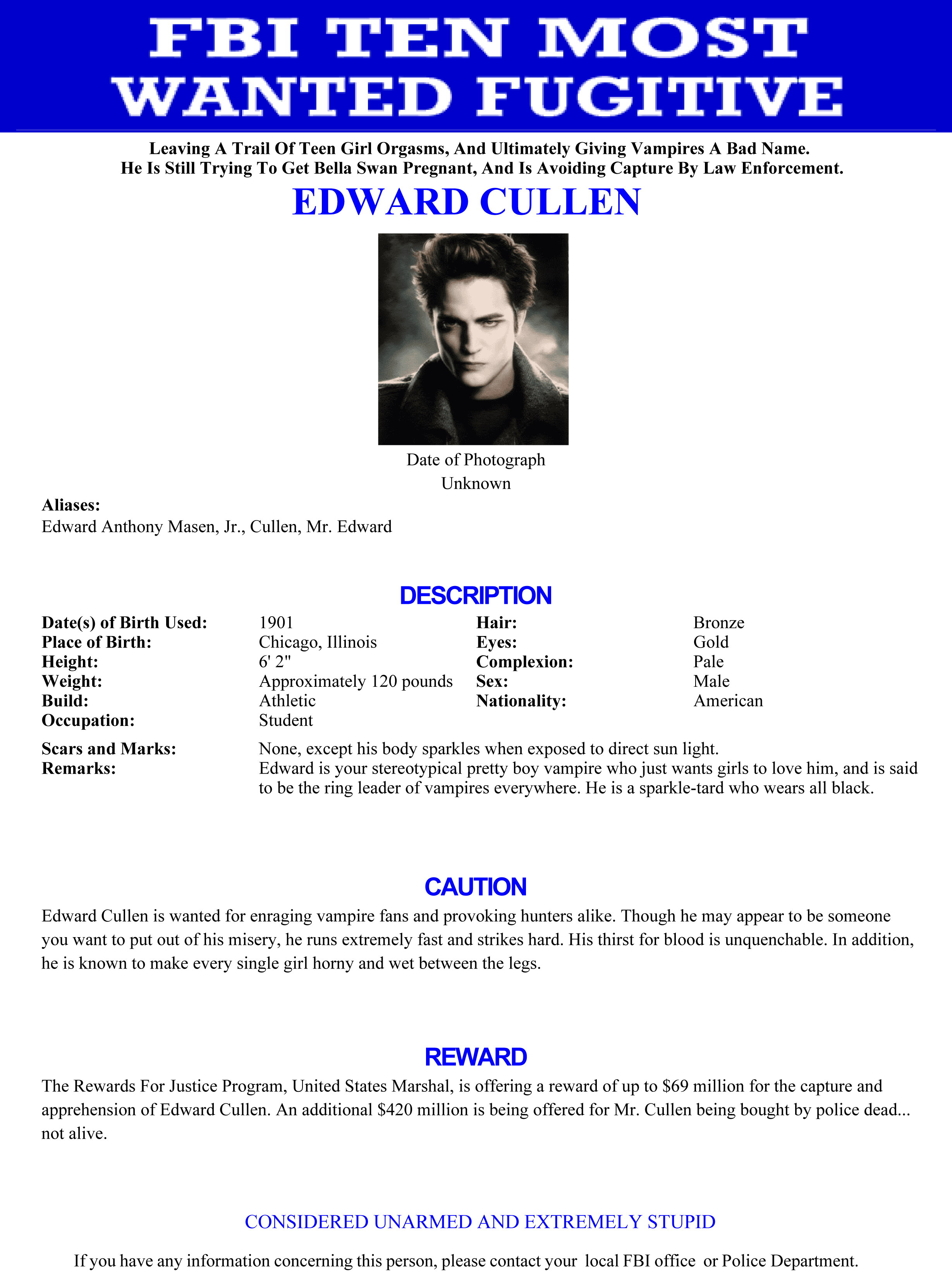 Edward Cullen Most Wanted Poster