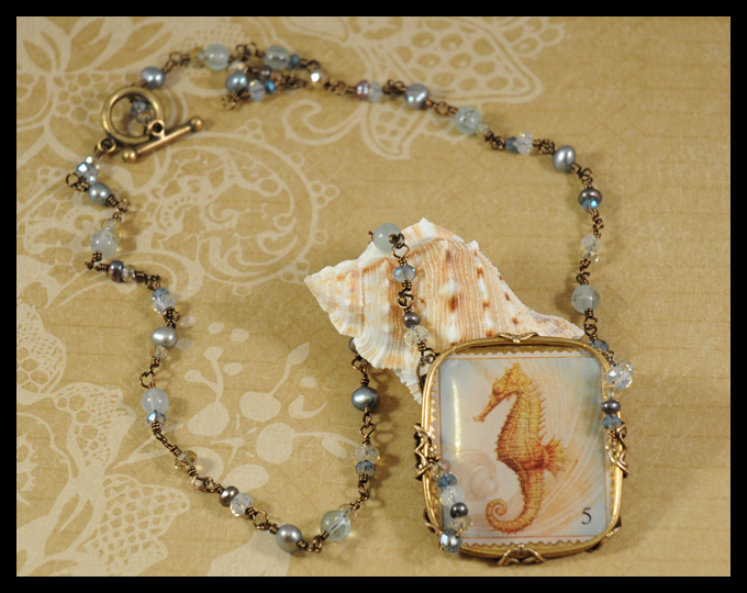 Seahorse Pendant with Gem Wrapped Chain