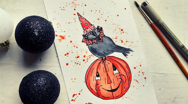 How To Paint Halloween Crow And A Pumpkin