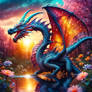 Colorful shiny dragon flying over mysterious fores