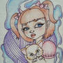 Little girl with cat cartoon style