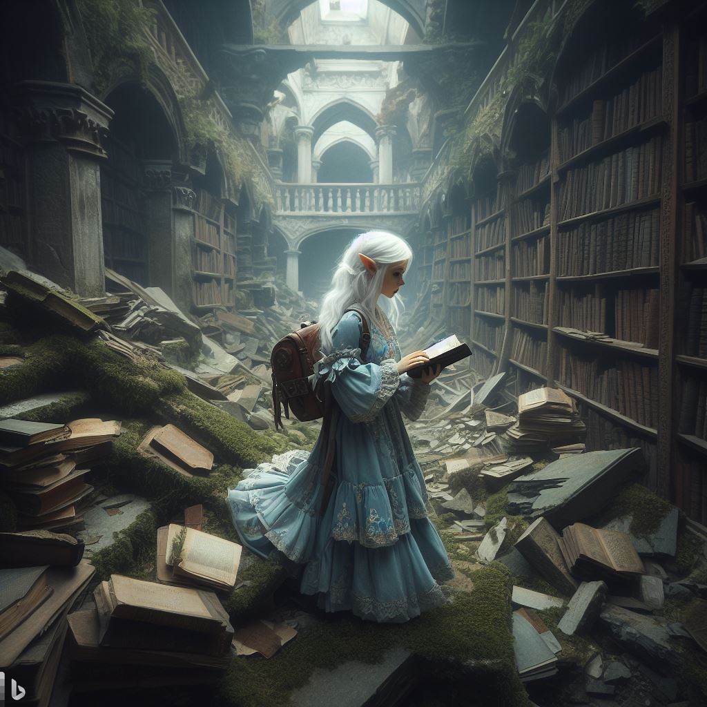Khaphie explores a ruined library by Psinickk on DeviantArt