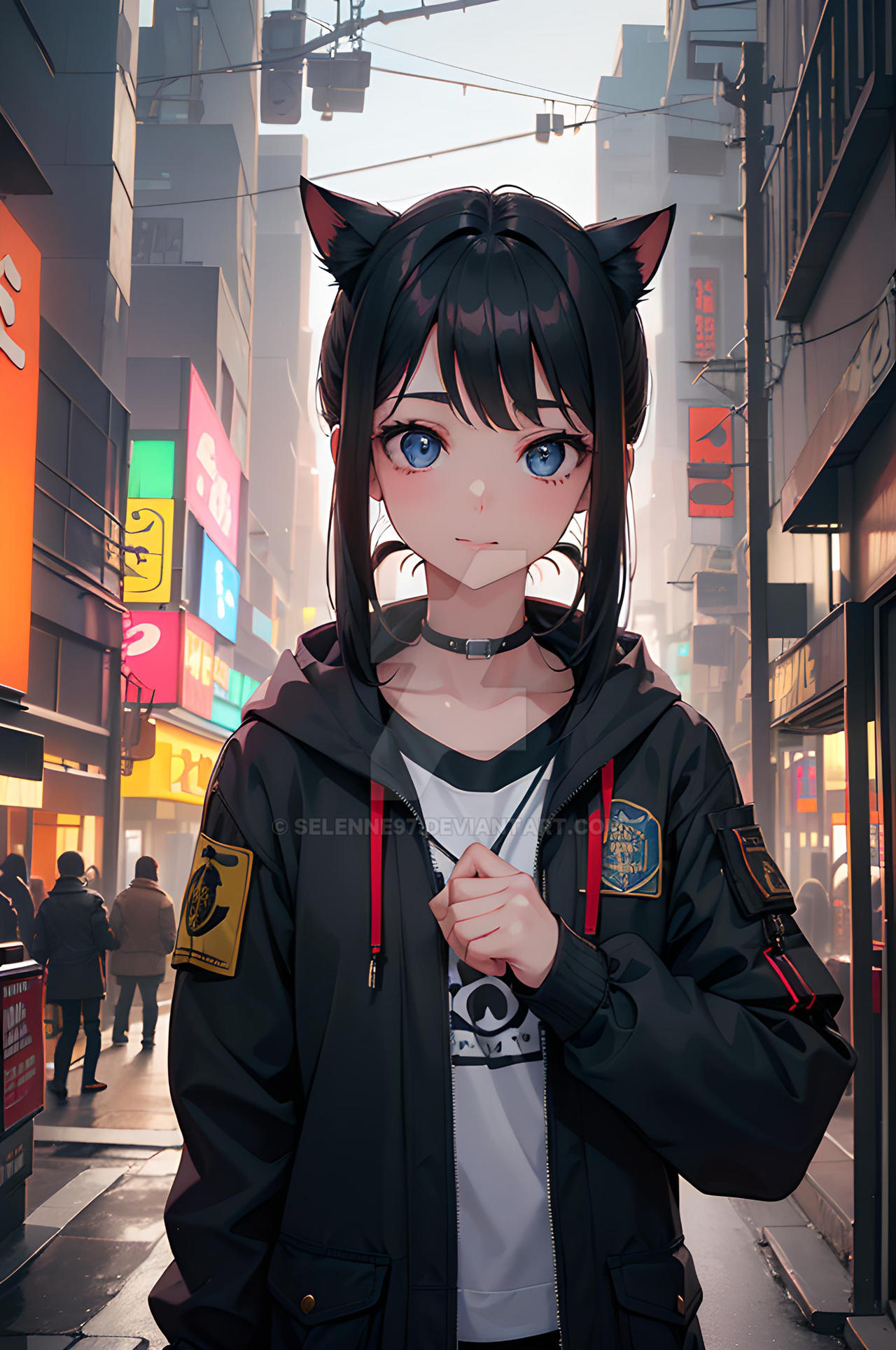 Premium Photo  Anime girl with cat ears and hoodie in a city