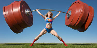 Supergirl lifts weights on a meadow #01