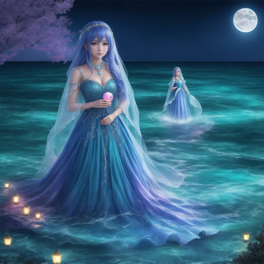 Beautiful Blue Hair Anime Girl in Ocean Night by FuturistArtist on ...