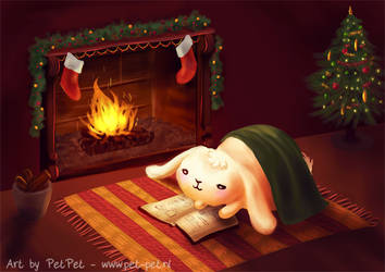 Chubby bunny by the fireplace