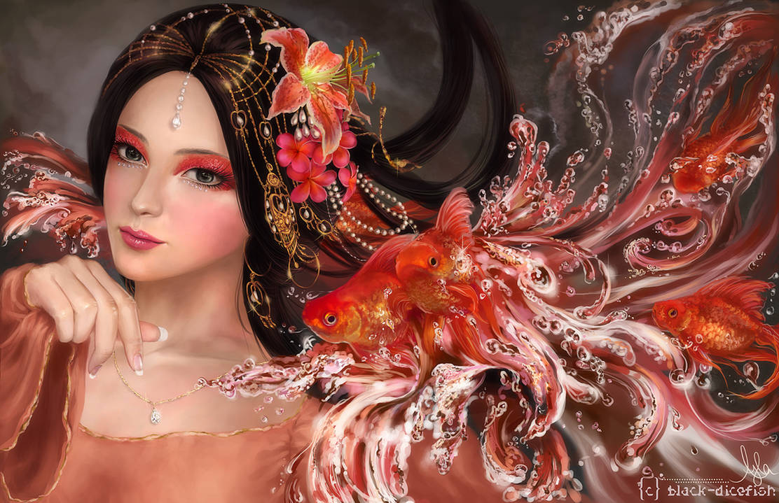 Женщины золотые рыбки. . Сказочные красавицы. Картины фэнтези. Фантазийный портрет. Девушка с золотой рыбкой фэнтези.