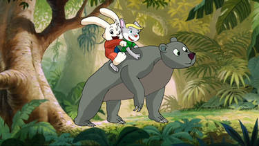 Rabbit and boy on bear in jungle