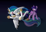 Twilight is looking at laughing Princess Celestia
