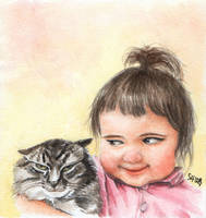 Chubby girl with smirking cat