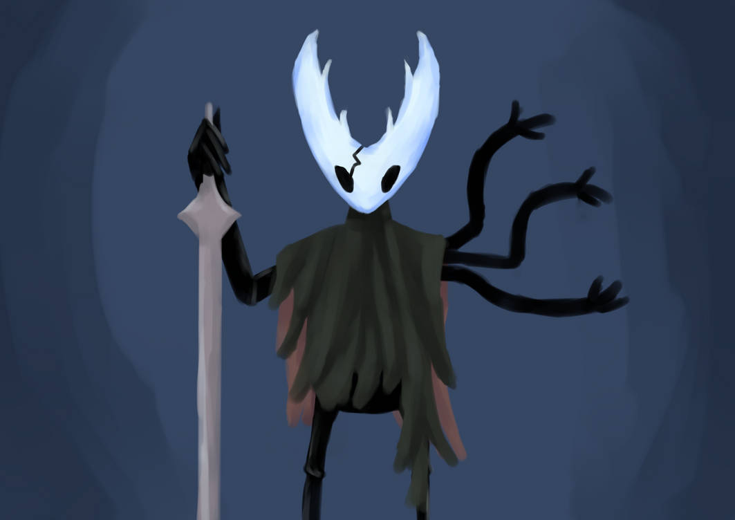The Hollow Knight stands straight, their hand holding the hilt of their needle planting in the ground. Coming from where their other arm would be are three void tentacles.