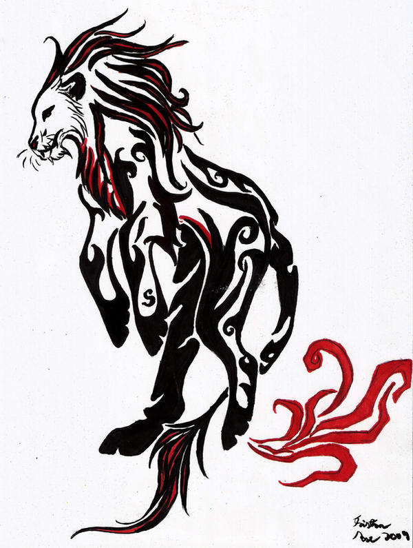 Black  Red Tribal Lion Tattoo