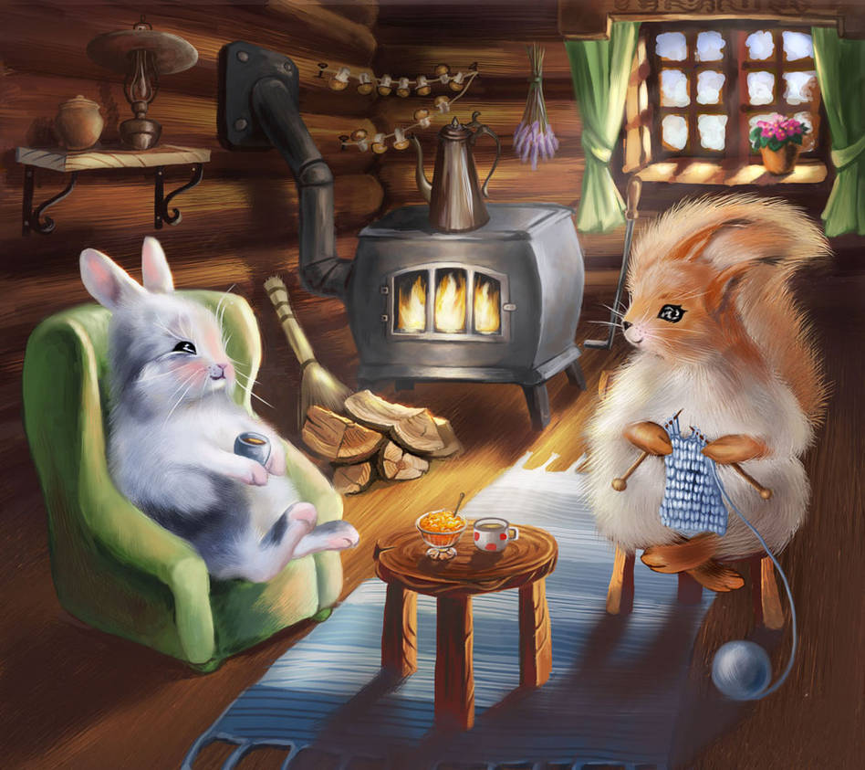 Рисунок добрый вечер. Уютные рисунки. Домик зайчика. Уютный домик зайца. Добрый вечер со зверюшками.