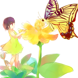 a girl, flower, and butterfly