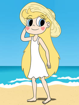 Star Butterfly wears a sun hat and beach dress