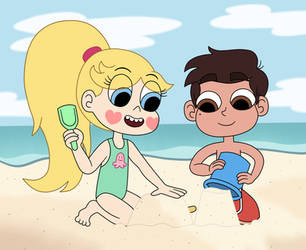 Little Star and Marco playing on a beach by Deaf-Machbot