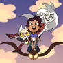 Luz, Eda, and King ride on the flying owl staff