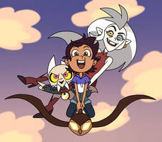 Luz, Eda, and King ride on the flying owl staff
