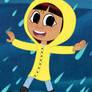 Emmie wears a raincoat in the rain