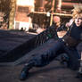 Cloud Strife in the middle of battle. 