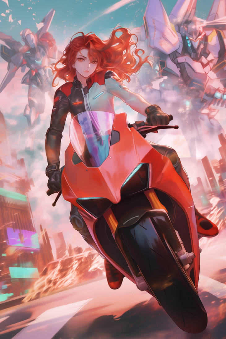 Girl Riding Motorcyle In Front Of Mecha Battle Ani by level7goperator ...