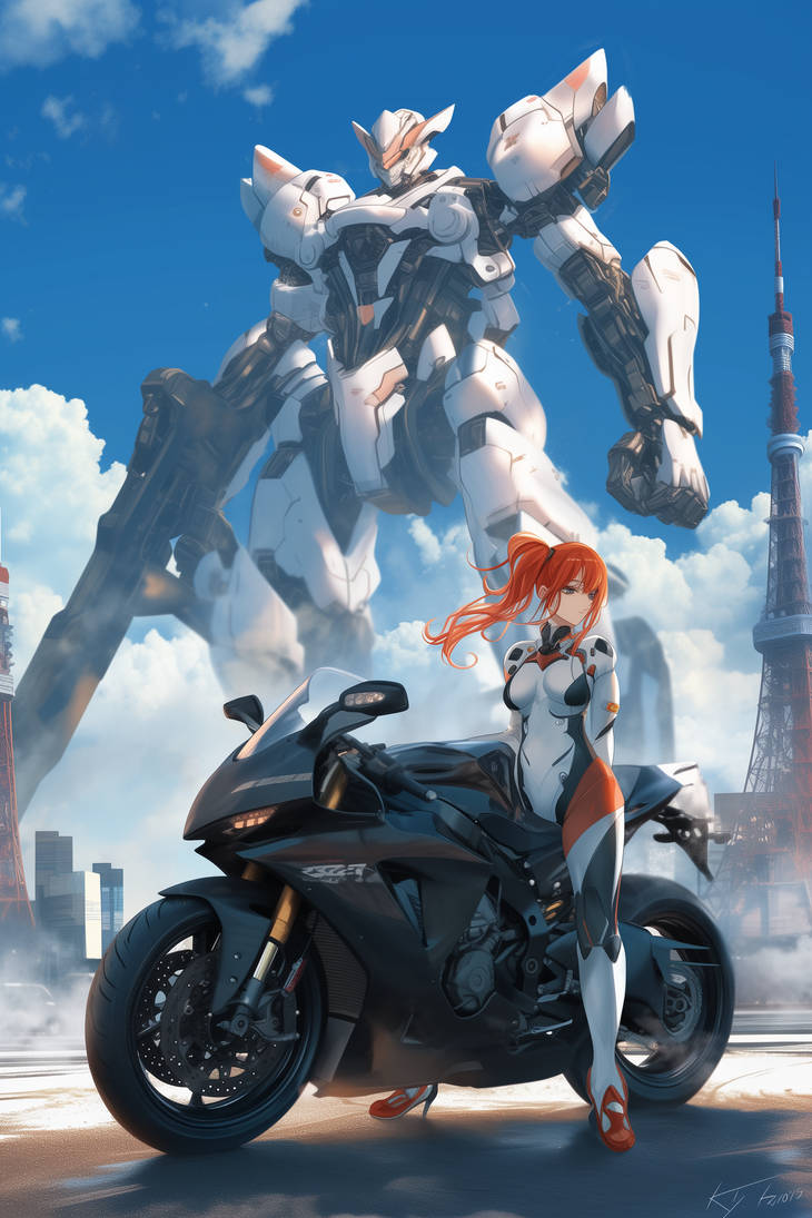 Girl On Motorcycle In Front Of Mecha Anime Bd Cove by level7goperator ...