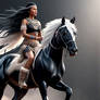 Native American Girl riding a Black Horse