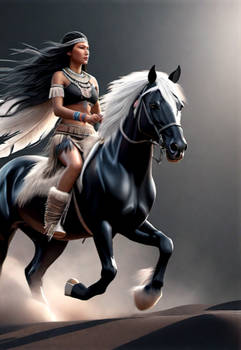 Native American Girl riding a Black Horse