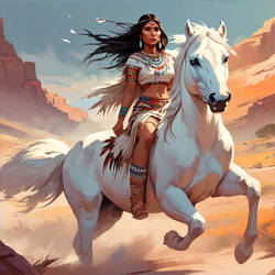 Native American Girl riding a White Mustang