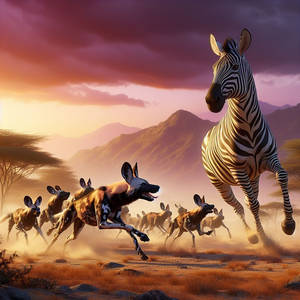 African Wild Dogs hunting a Zebra