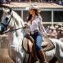 Cowgirl riding a Lipizzaner Stallion at the Rodeo