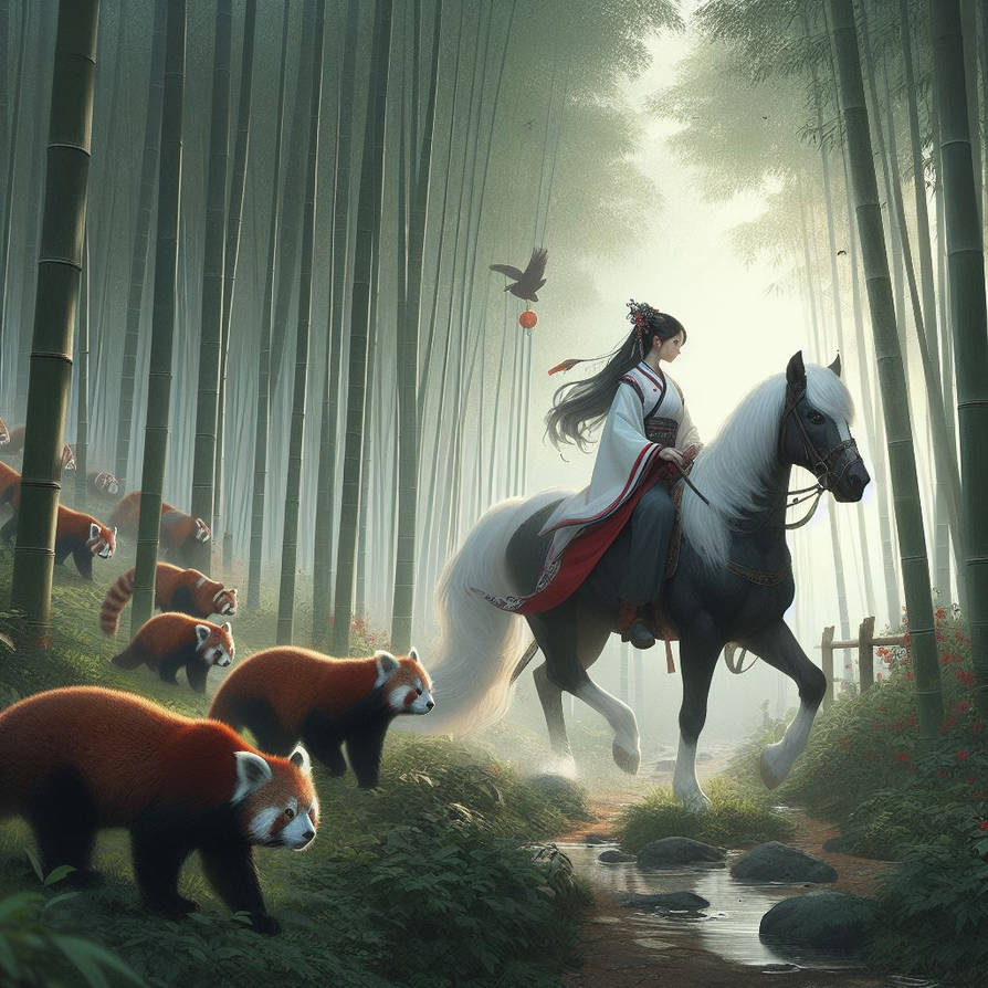 Chinese Girl riding a Black Horse with Red Pandas by FantasyStar125 on ...