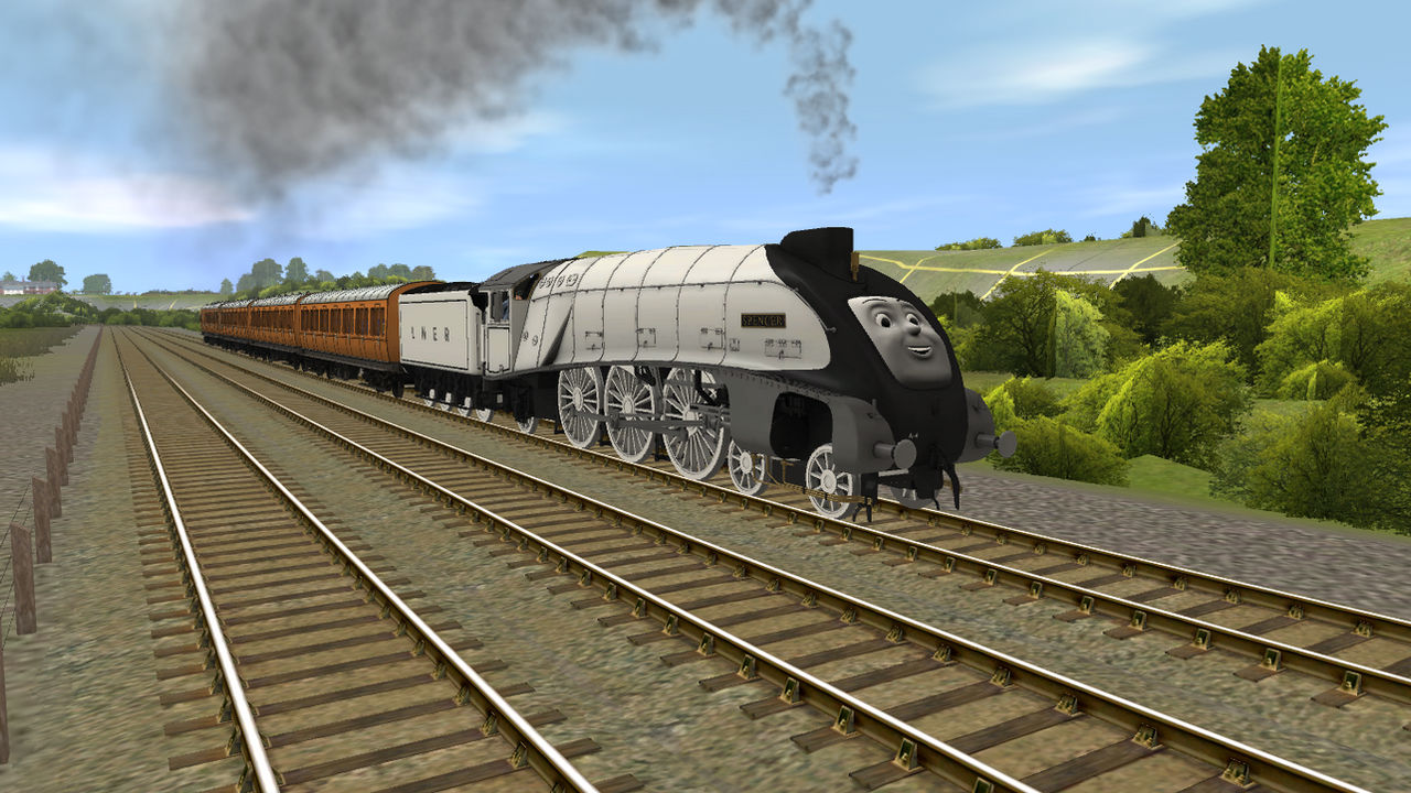 Spencer pulling a suburban train by FlyingFoxandBambi on DeviantArt