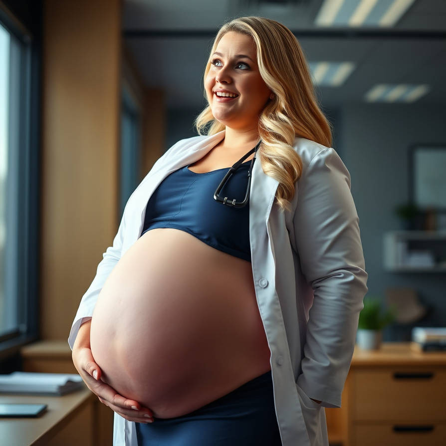 A hugely pregnant blonde woman with a double chin