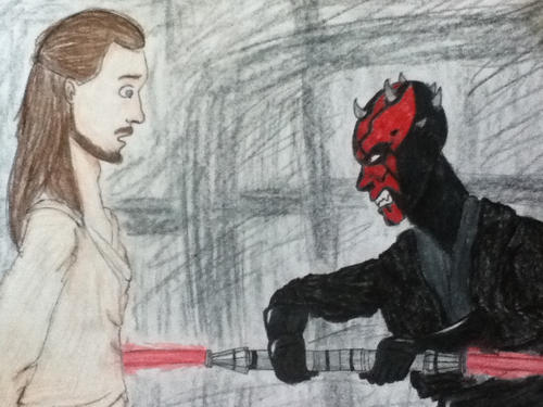 Star Wars handmade oil painting - Darth Maul killing Qui-Gon Jinn fan art