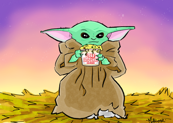 Baby Yoda eating Ramen.