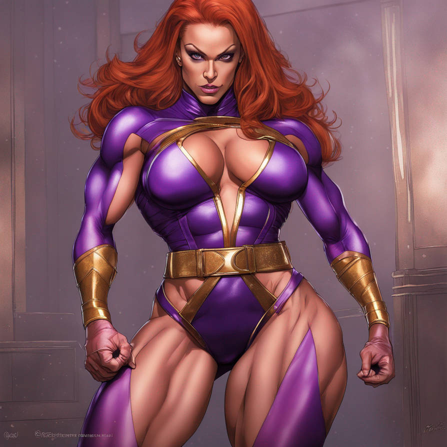 Nicole Bass as Marvel villainess Titania, redhead,