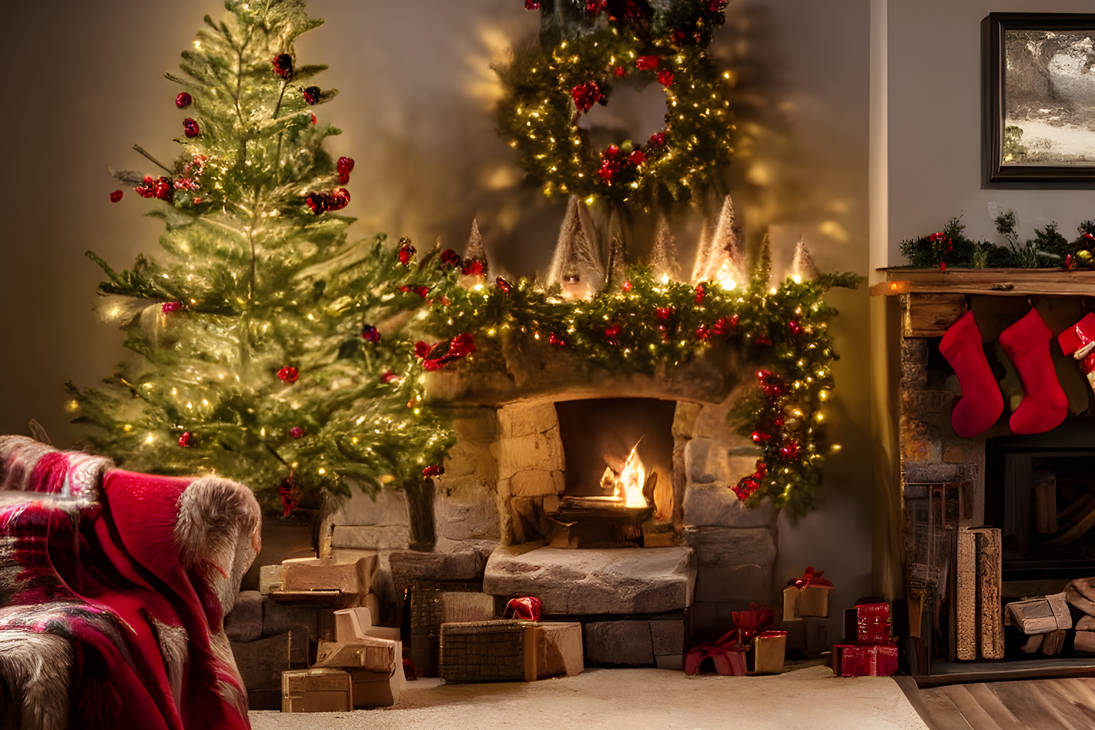 Rustic room with fireplace and Christmas tree 07 by AiGraphicsShop on ...