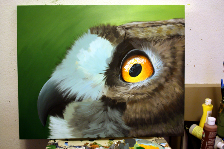 Eagle Owl Painting WIP - Acrylic on Canvas