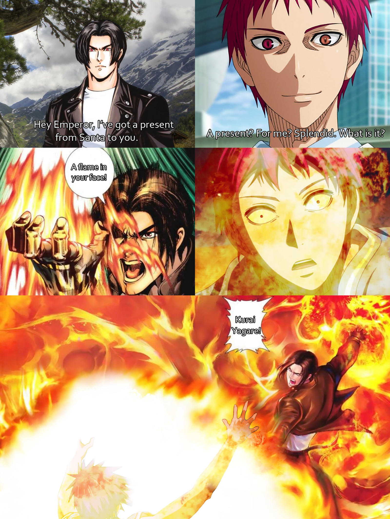 Kyo Kusanagi burns Akashi Seijuro